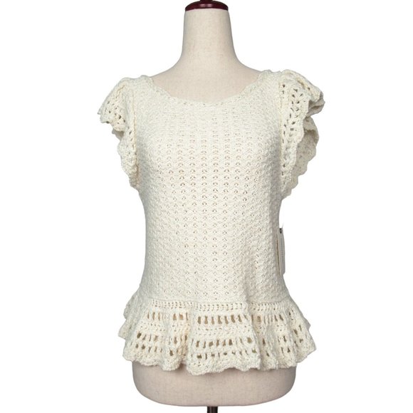 By Anthropologie Flutter-Sleeve Crochet Sweater Top - Medium - Picture 4 of 11